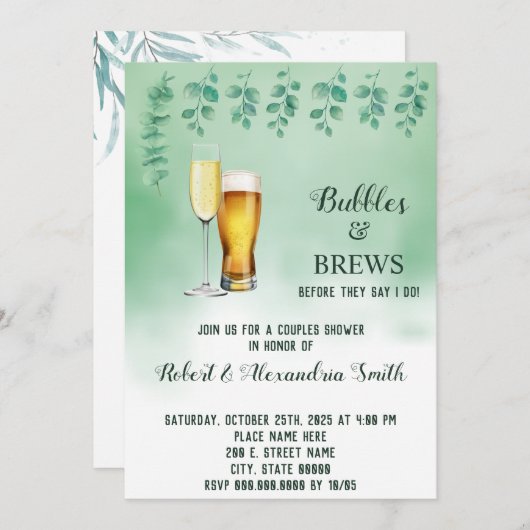 Bubbles & Brews Paare Polterabend Eukalyptus Einladung (Vorne/Hinten)
