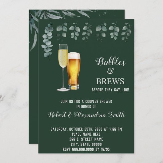 Bubbles & Brews Paare Polterabend Eukalyptus Einladung (Vorne/Hinten)