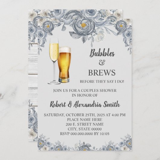 Bubbles & Brews Paare Polterabend Grau florale Einladung (Vorne/Hinten)