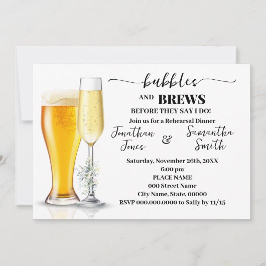 Bubbles & Brews Probe Dinner Eukalyptus & Gold Einladung (Vorderseite)