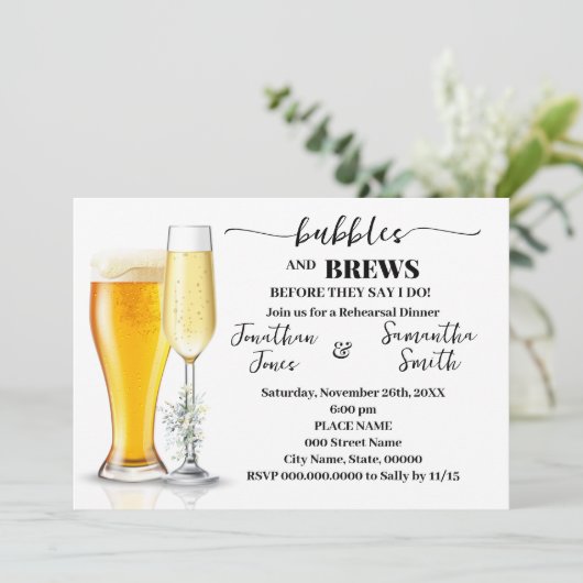 Bubbles & Brews Probe Dinner Eukalyptus & Gold Einladung (Stehend Vorderseite)