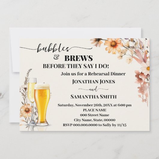 Bubbles & Brews Probe Dinner Wildblumen Einladung (Vorderseite)