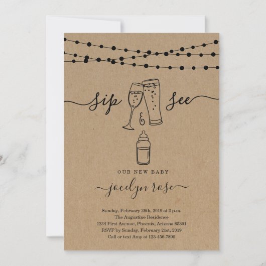 Bubbles & Brews Sip & See Einladung (Vorderseite)