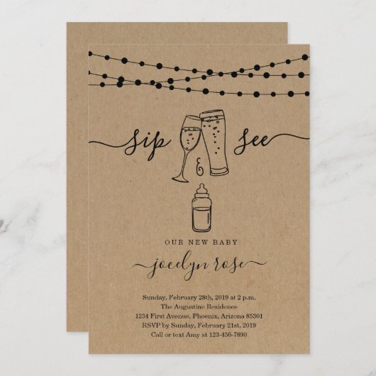 Bubbles & Brews Sip & See Einladung (Vorne/Hinten)