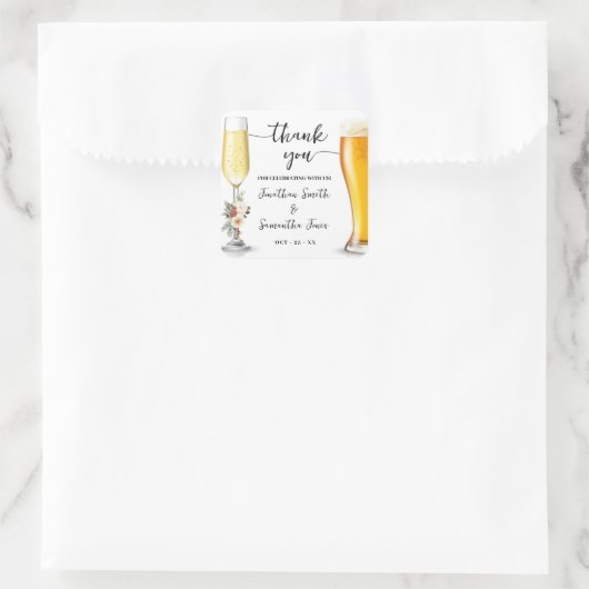 Bubbles & Brews Thank You Winter Wedding Quadratischer Aufkleber (Tasche)