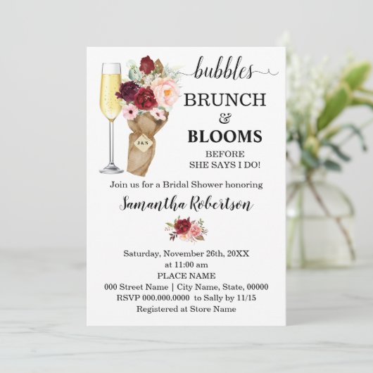 Bubbles Brunch & Blooms Marsala Brautparty Invi Einladung (Stehend Vorderseite)