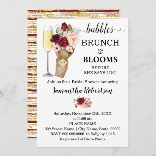 Bubbles Brunch & Blooms Marsala Brautparty Invi Einladung (Vorne/Hinten)