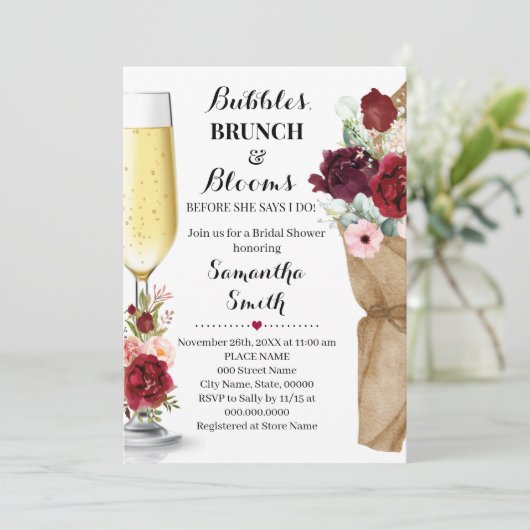 Bubbles Brunch & Blooms Marsala Brautparty Invi Einladung (Stehend Vorderseite)