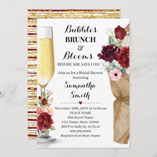 Bubbles Brunch & Blooms Marsala Brautparty Invi Einladung (Vorne/Hinten)