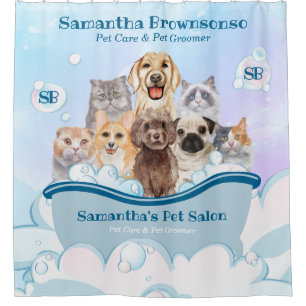 Bubbles Dogs Cats Spa Bathtub Blue Pet Grooming Duschvorhang