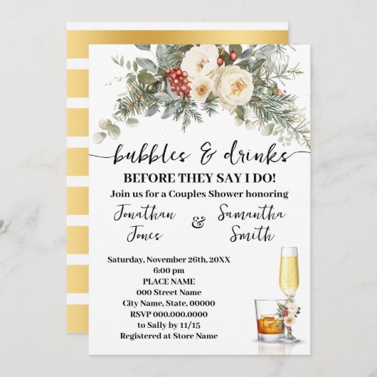 Bubbles & Drinks Bridal Shower Winter Floral Einladung (Vorne/Hinten)