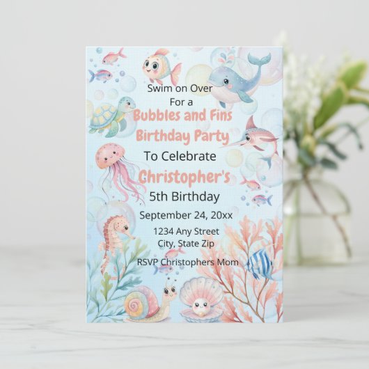 Bubbles & Fins Kids Ocean Birthday Einladung (Stehend Vorderseite)