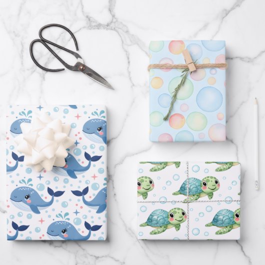 Bubbles & Fins Kindergeburtstag Geschenkpapier Set (Vorderseite)