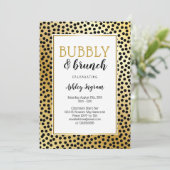 Bubbly and Brunch in Black and Gold Dots Einladung (Stehend Vorderseite)