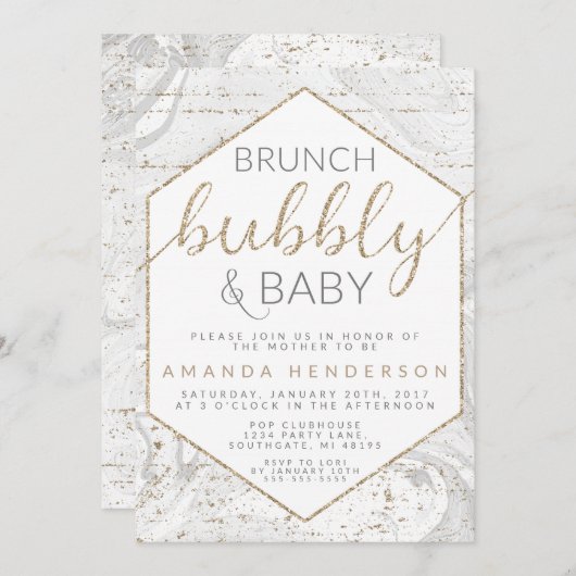 Bubbly & Baby Gray Marble Baby Shower Einladung (Vorne/Hinten)