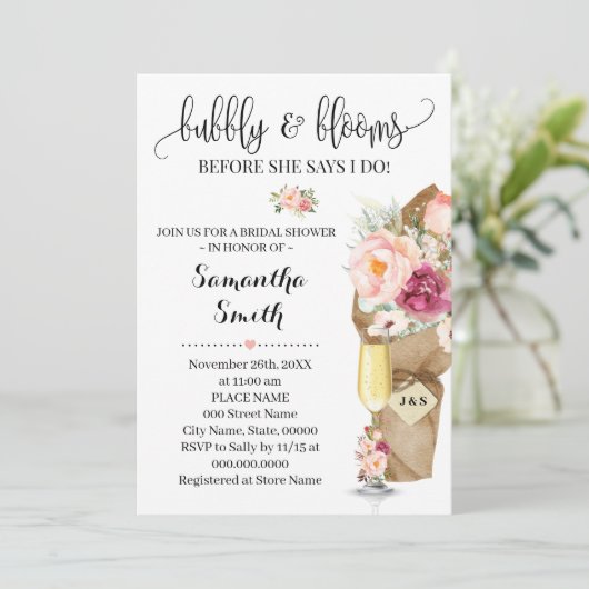 Bubbly & Blooms bevor ich Brautparty Invitati mach Einladung (Stehend Vorderseite)
