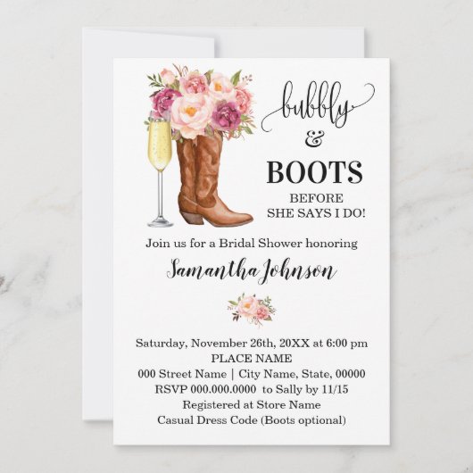 Bubbly & Boost Brautparty Rosa Blume Einladung (Vorderseite)