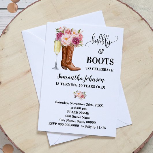 Bubbly & Boots Rosa Blume Geburtstag Einladung