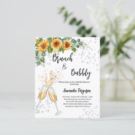 Bubbly Brautparty Brunch Sonnenblumen Einladung (Stehend Vorderseite)
