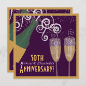 Bubbly Champagne Gold Party zum 50. Jubiläum Einladung (Vorne/Hinten)