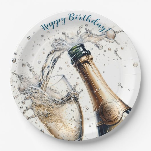 Bubbly champagne Happy Birthday Pappteller (Vorderseite)