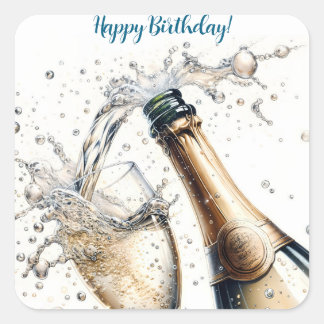 Bubbly champagne Happy Birthday Quadratischer Aufkleber