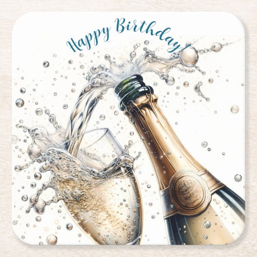 Bubbly champagne Happy Birthday Rechteckiger Pappuntersetzer (Vorderseite)