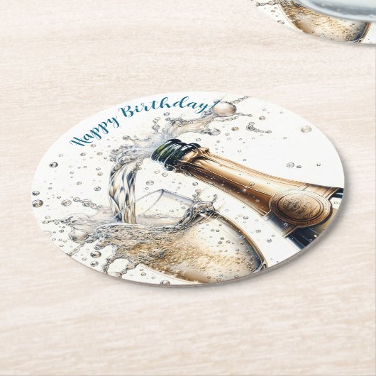 Bubbly champagne Happy Birthday Runder Pappuntersetzer (Angewinkelt)