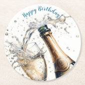 Bubbly champagne Happy Birthday Runder Pappuntersetzer (Vorderseite)