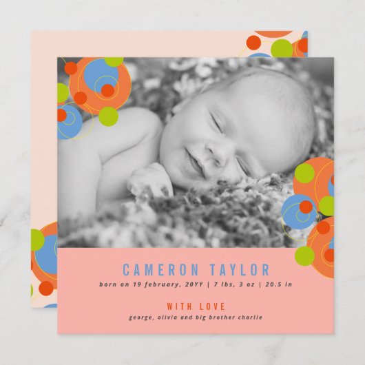 Bubbly Circles Baby Girl Foto Geburtsankündigung Ankündigung (Vorne/Hinten)
