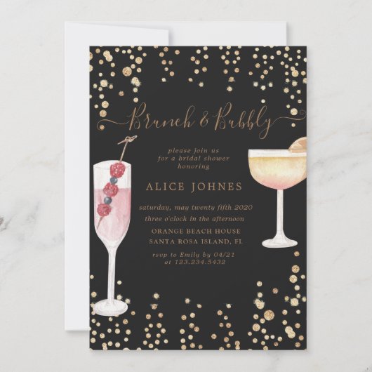 Bubbly Cocktails Gold Glitzer Bridal Brunch Einladung (Vorderseite)