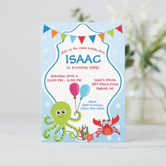 Bubbly Fun Under Sea First Birthday Party Einladung (Stehend Vorderseite)