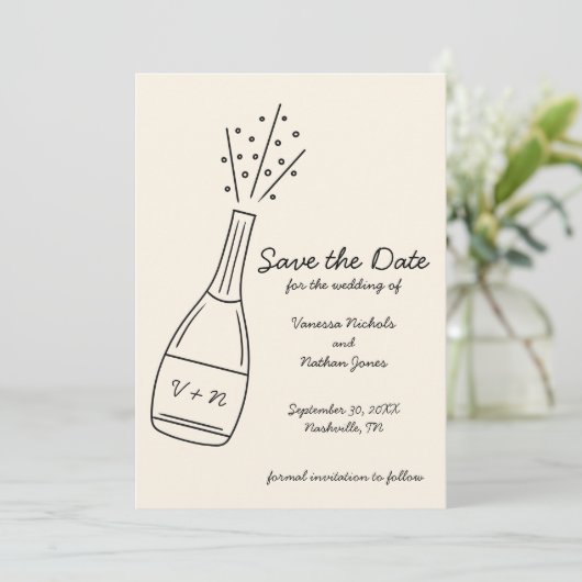 Bubbly Pelling Champagner Flasche Save the Date Einladung (Stehend Vorderseite)