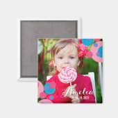 Bubbly Pink & Blue Polka Dots Kindergeburtstag Fot Magnet (Vorderseite/Rückseite)