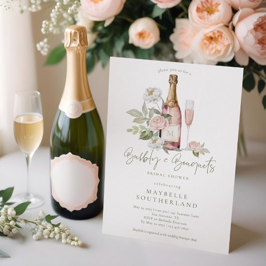 Bubbly Prosecco Watercolor Bouquet Brautparty Einladung