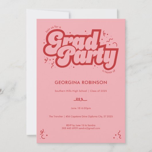Bubbly Type Grad Party Einladung - Cherry (Vorderseite)