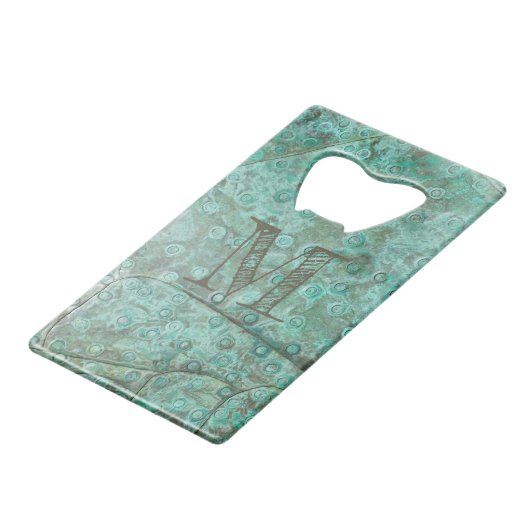 Bubbly Verdigris Bronze Custom Monogram Geldbeutel Flaschenöffner (Vorderseite Schrägansicht)