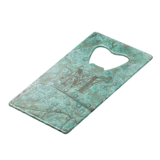 Bubbly Verdigris Bronze Custom Monogram Geldbeutel Flaschenöffner (Rückseite Schrägansicht)