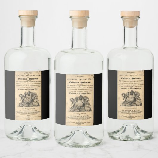 Buch der kulinarischen Gifte aus dem Jahre 1820 an Alkoholflaschenetikett (Flaschen)