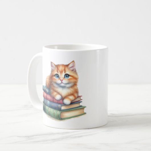 Buch Lover Geschenk: Katze auf Büchern Kaffeetasse (Vorderseite Links)