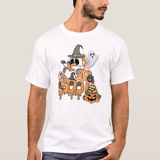 Buch Lover Ghost Reading "Boo" Spooky Halloween T-Shirt (Vorderseite)