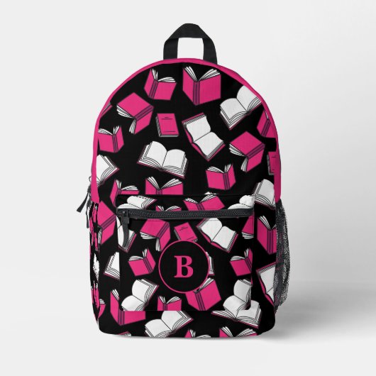 Buch Lover Librarian Pink Black Monogram Bedruckter Rucksack (Vorderseite)