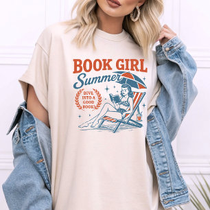 Buch Mädchen Sommer Blau Orange Vintage T-Shirt
