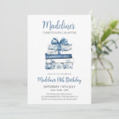 Buch mit blauem Band Mädchen Geburtstag Einladung (Stehend Vorderseite)