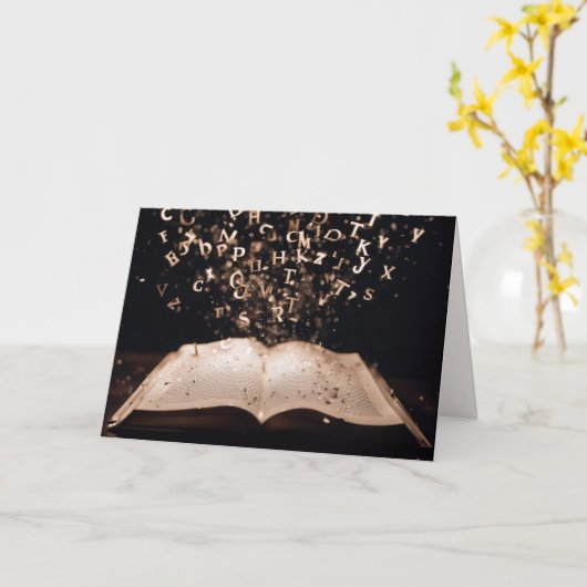 Buch mit fliegenden Buchstaben und Glitzern Karte (Gelbe Blume)
