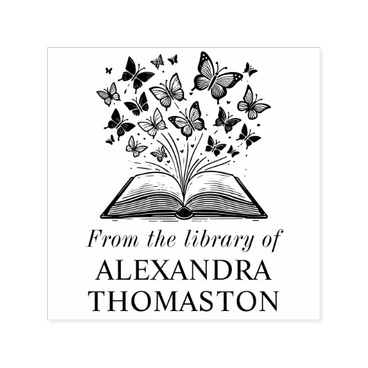 Buch mit Schmetterlingen #2 Bibliotheksname Permastempel (Design)