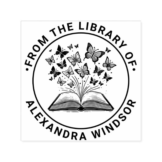 Buch mit Schmetterlingen #2 Bibliotheksname Permastempel (Design)