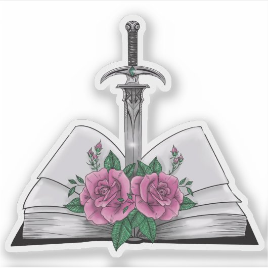 Buch mit Schwert und Rosen Aufkleber (Vorderseite)