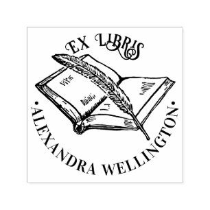 Buch & Quill Ex Libris Library Name Round Permastempel