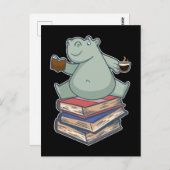 Buch Tee Kaffee Kawaii Bookworm Hippo Postkarte (Vorne/Hinten)